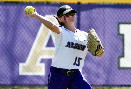 Angela Hoffsis throws the ball back to the infield